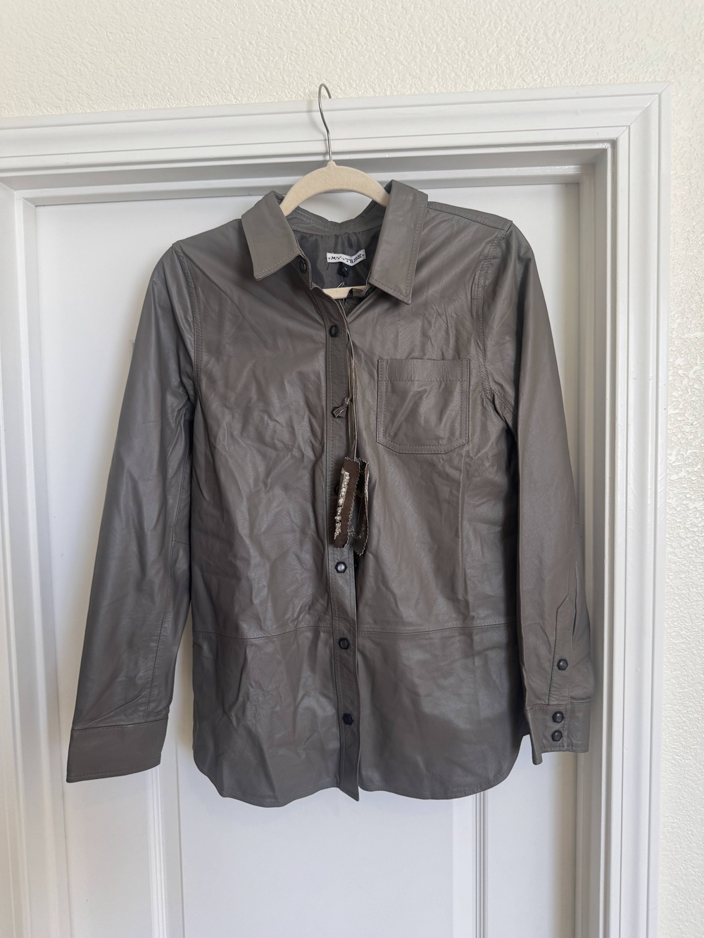 Women’s Gray Leather Button-Front Shirt Jacket